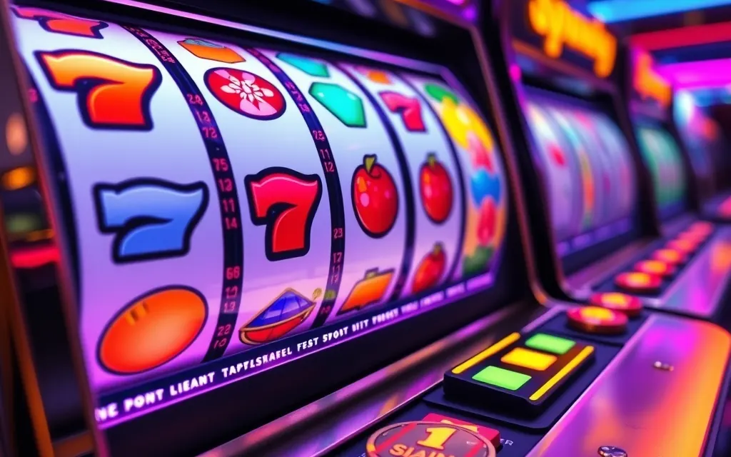 Rulli di una slot machine illuminati, esempio di slot con deposito minimo 1 euro